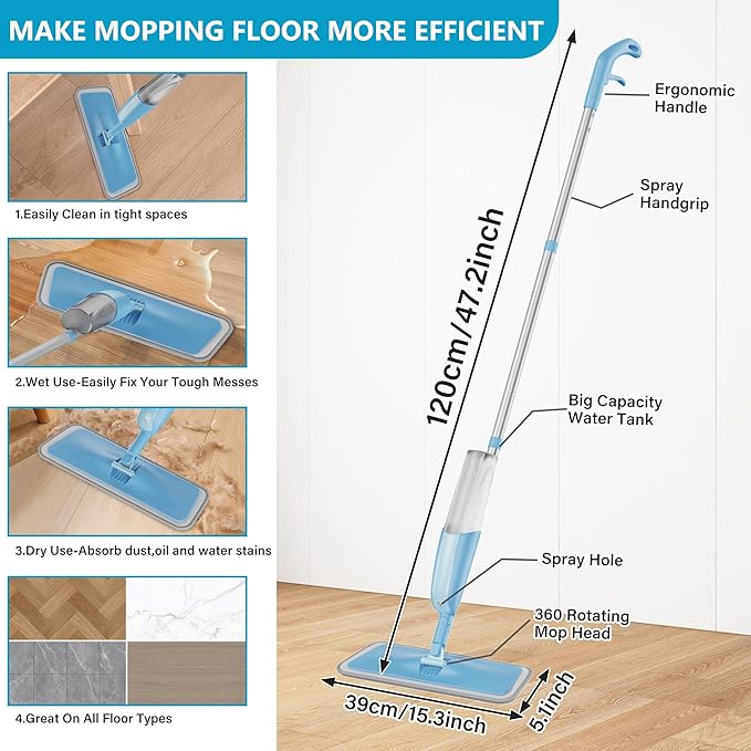 Spray Wet Mops for Hardwood Floor Cleaning: MEXERRIS Dust Dry Mop with 3 Microfiber Washable Mopping Pads - Flat Floor Mop with Sprayer Home Commercial Use for Wood Laminate Ceramic Tiles Vinyl