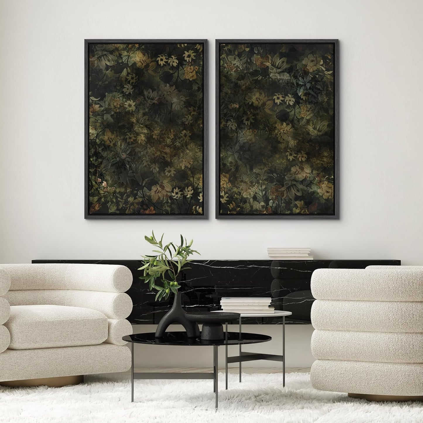 SIGNWIN Framed Canvas Print Wall Art Set Botanical Shadows Dark Floral Illustrations Modern Art Rustic Relax/Calm for Living Room, Bedroom, Office - 16"x24"x2 Black