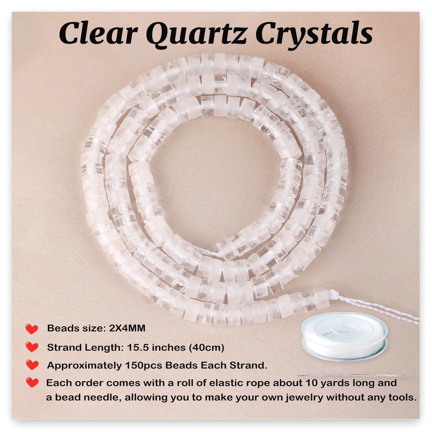 Natural Clear Quartz Crystals Heishi Spacer Beads Loose Semi Precious Flat Round Gemstone Disc Shape Stone for Beading Jewelry Making 4x2mm 15.5"