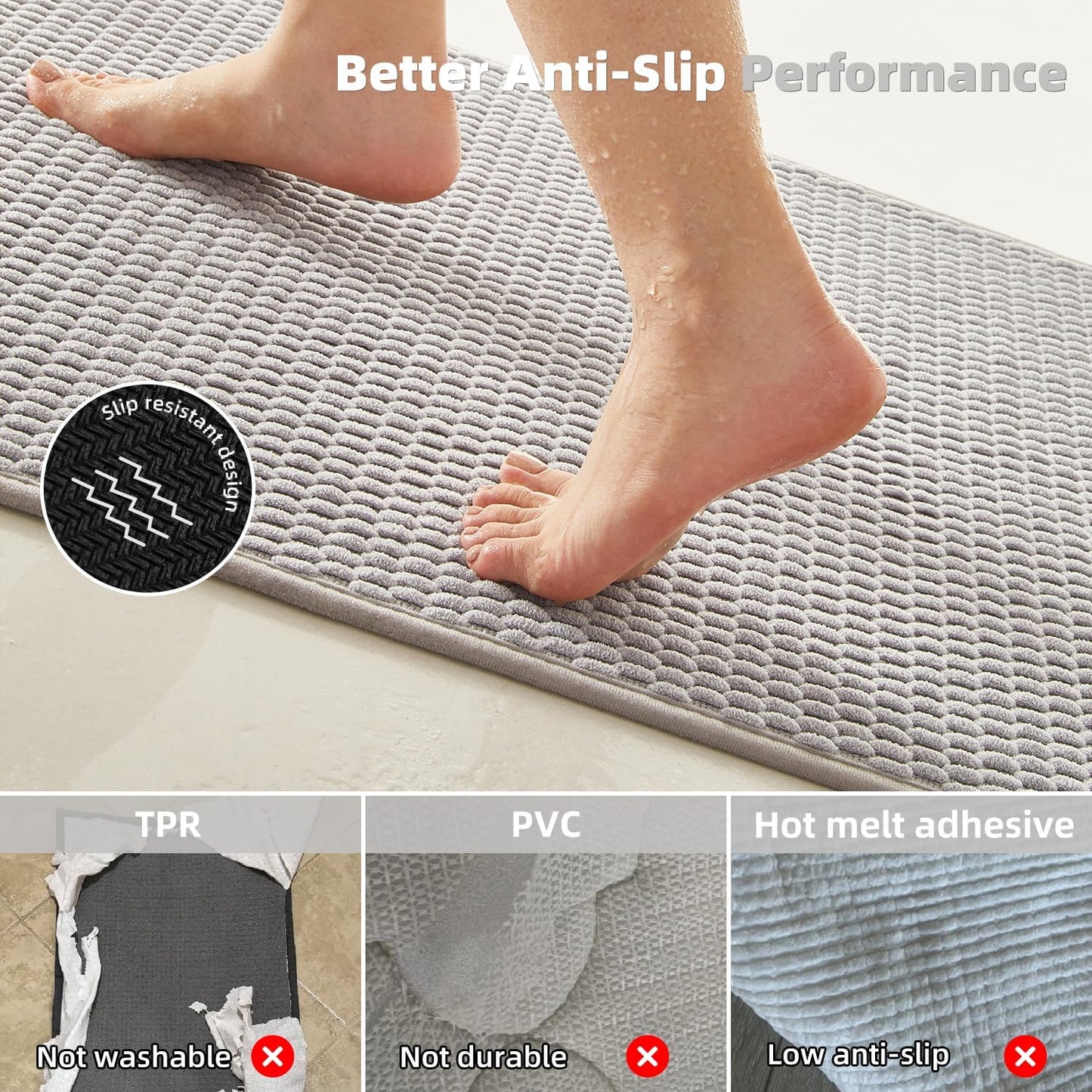 Large Bathroom Rugs Non Slip Washable Bath Rugs Super Absorbent Bathroom Rug Thin Quick Dry Low Pile Bath Mats, Light Grey 36"x60"