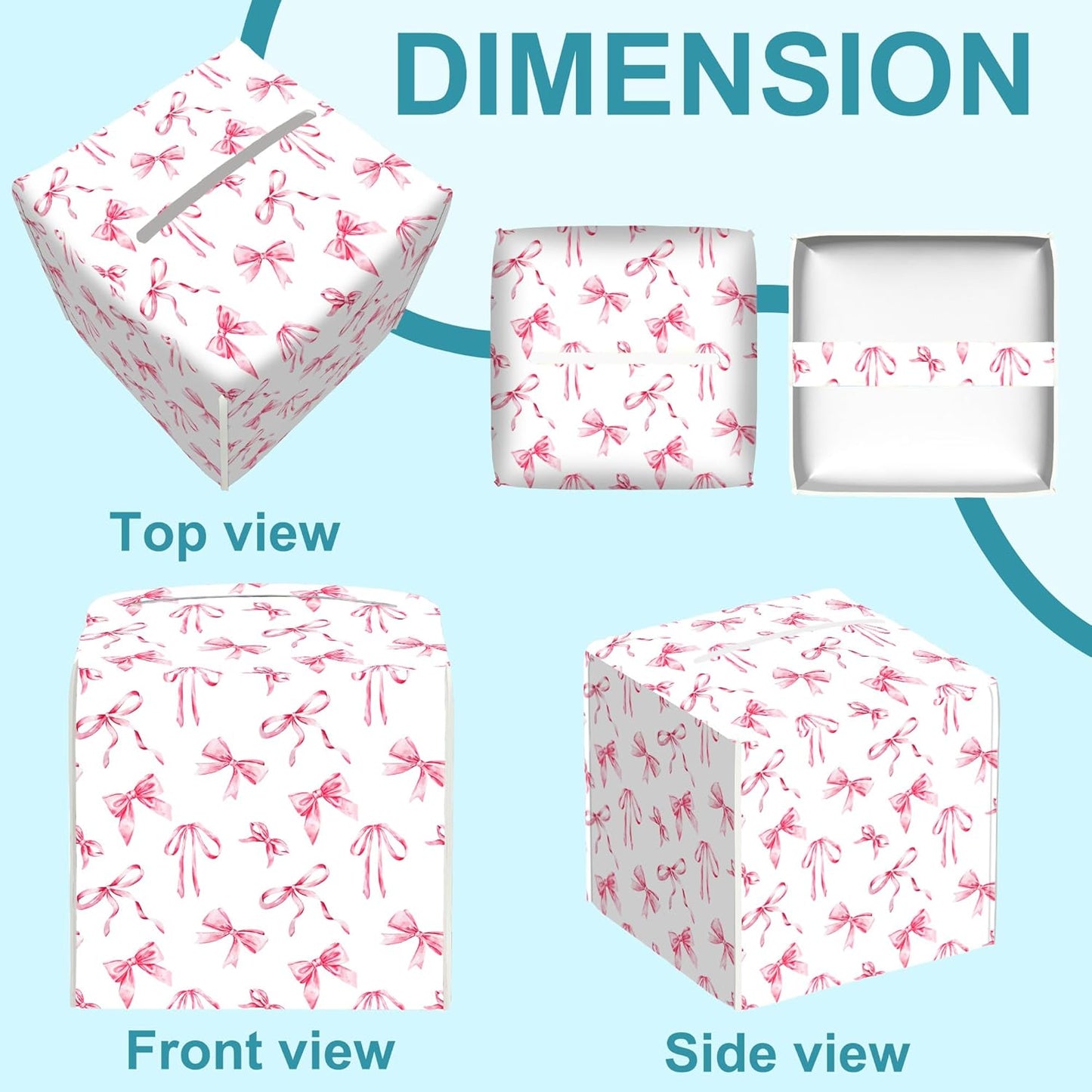 Watercolor Pink Ribbon Bow Tissue Box Cover Square,Leather Tissue Holder with Bottom Belt,Waterproof Leather Facial Paper Organizer Tissue Box Cover for Home Office Bathroom Vanity,5.2" x 5.2" x 5.2"