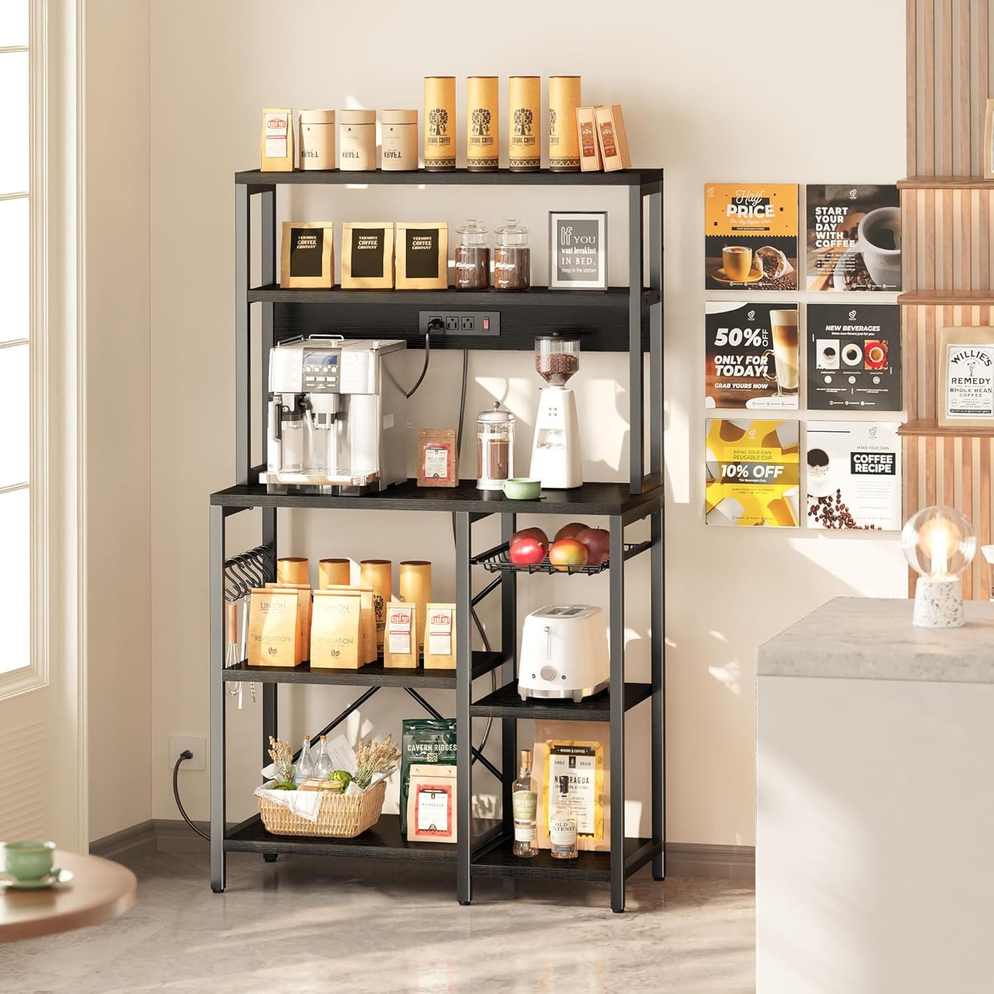 SUPERJARE Bakers Rack with Power Outlet, 35.4 Inches Coffee Bar with Wire Basket, Kitchen Microwave Stand with 6 S-Shaped Hooks, Open Storage Shelves, Black