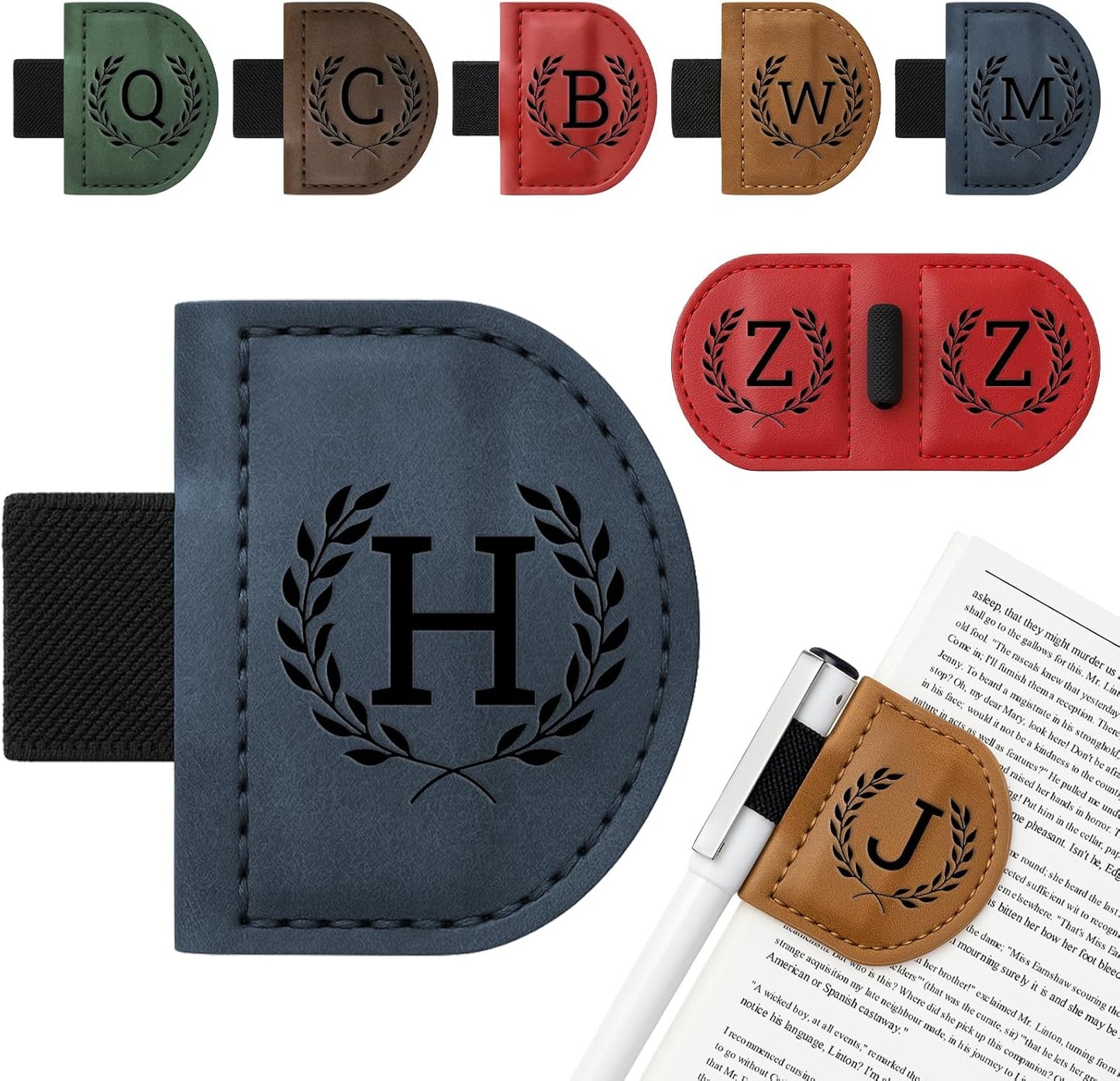 Personalized Bygone Mark Bookmark with Pen Holder,Engraving Leather Magnetic Bookmarks Vintage 26 Letters Name Initials Text Book Marker Clips Gifts for Reading Book Lovers Women (Blue, H)