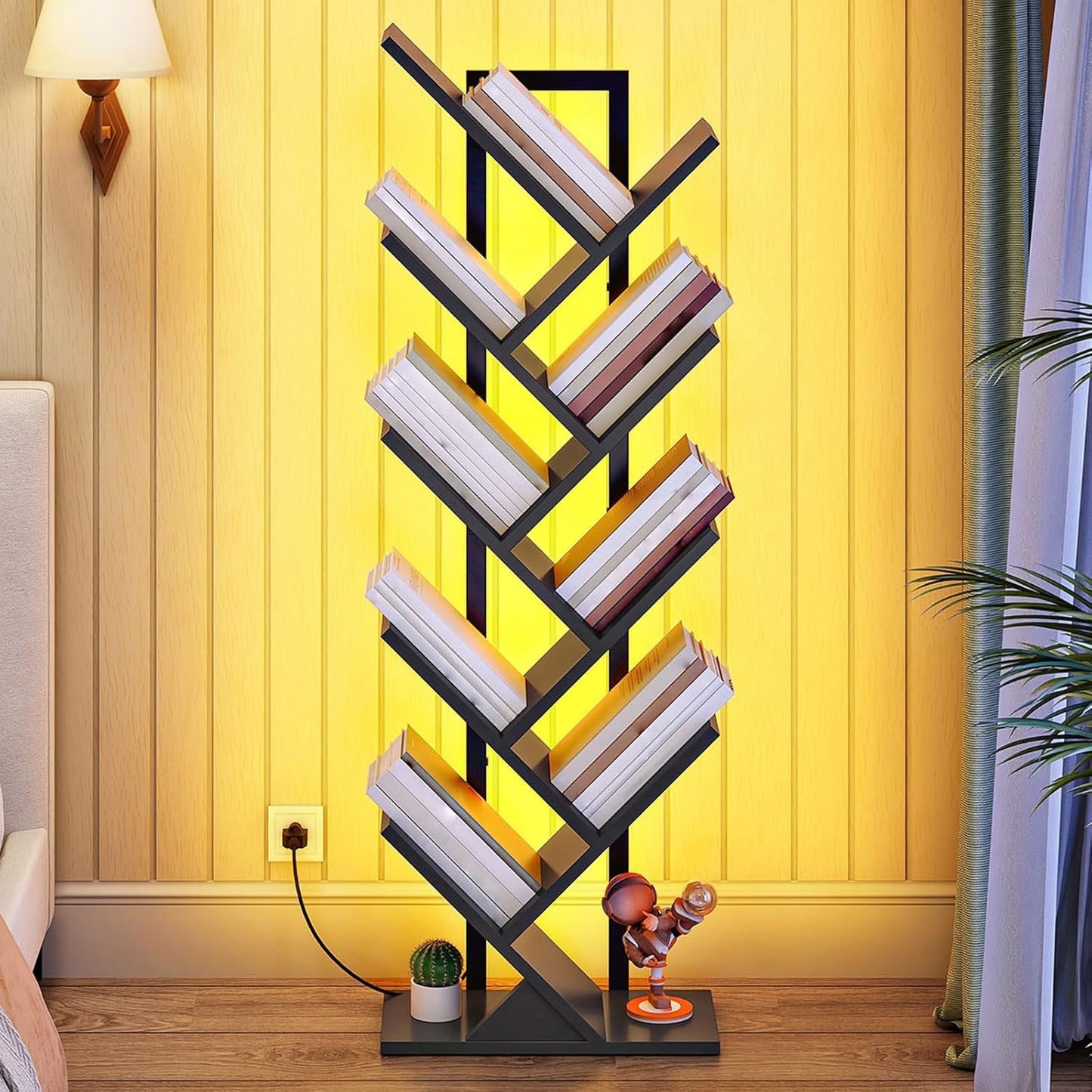 HOOBRO Tree Bookshelf, 9-Tier Tree Bookshelf with Lights, Space-Saving Book Shelf, Holds Books, CDs, Floor Standing Bookcase for Office, Living Room, Bedroom, Black BB08DSJ01