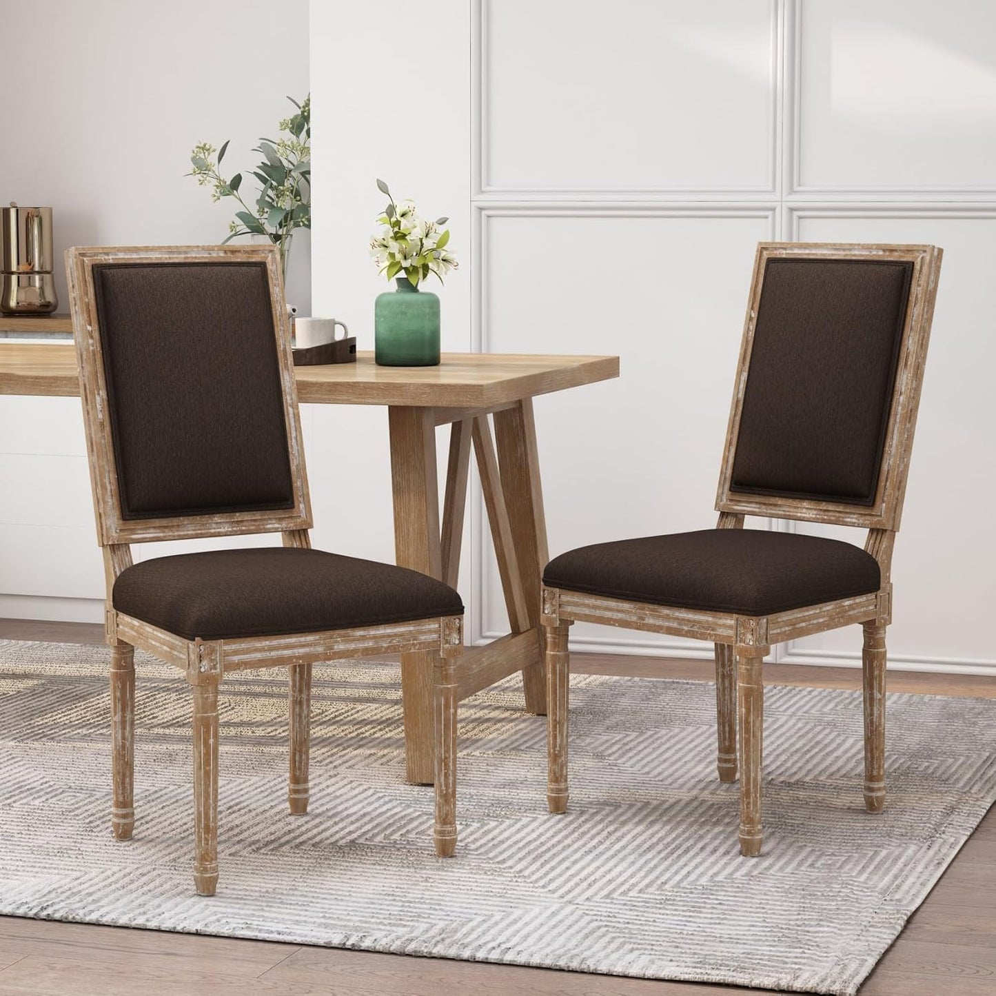 Merax Upholstered Solid Wood Dining Chairs Set of 2, French Country Style Accent Side Seating Furniture for Kitchen, Living Room, Cushioned Back, Brown
