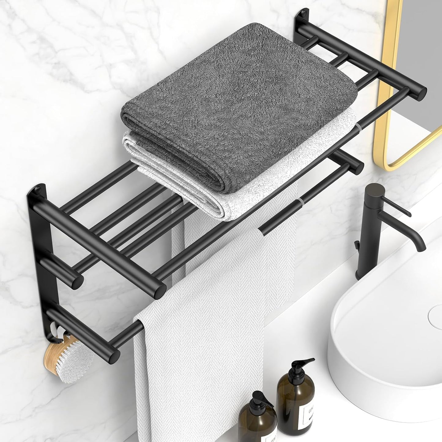 Black Adjustable Towel Bar for Bathroom Wall Mount17-30.7inch Adhesive Shower Towel Rack Stainless Steel Bath Towel Holders for Toilet Kitchen Double Towel Hanger (Black 3-Layer Towel Rack)