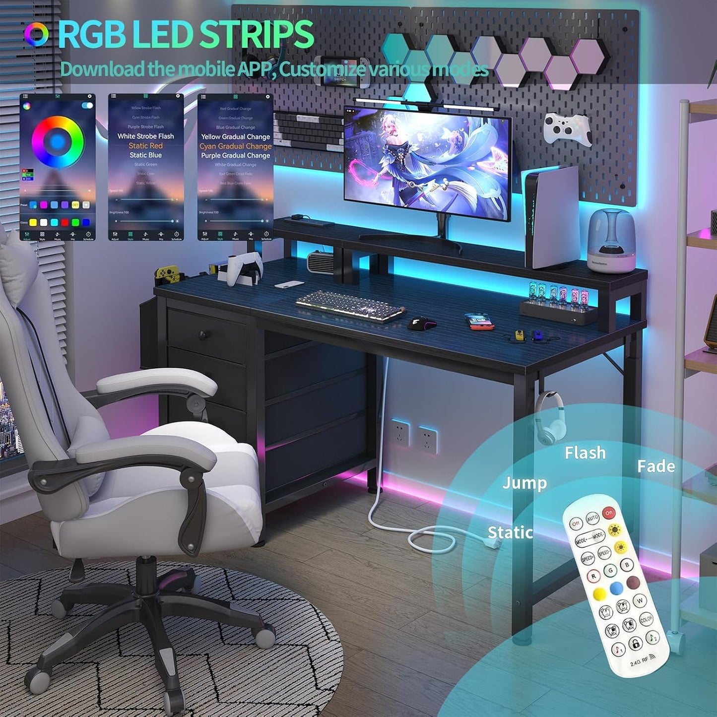 Lufeiya Gaming Desk with LED Lights and Power Outlets, 47 inch Computer Desk with Fabric Drawers, Reversible Home Office Desk with Monitor Stand, Black