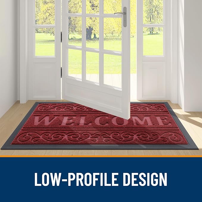 OLANLY Welcome Door Mat Indoor Outdoor Entrance, Heavy Duty Sturdy Front Door Mat, Waterproof All-Weather Doormat, Stain Resistant, Low Profile, Easy Clean Patio Entryway Mat, 29.5 x 17, Wine Red