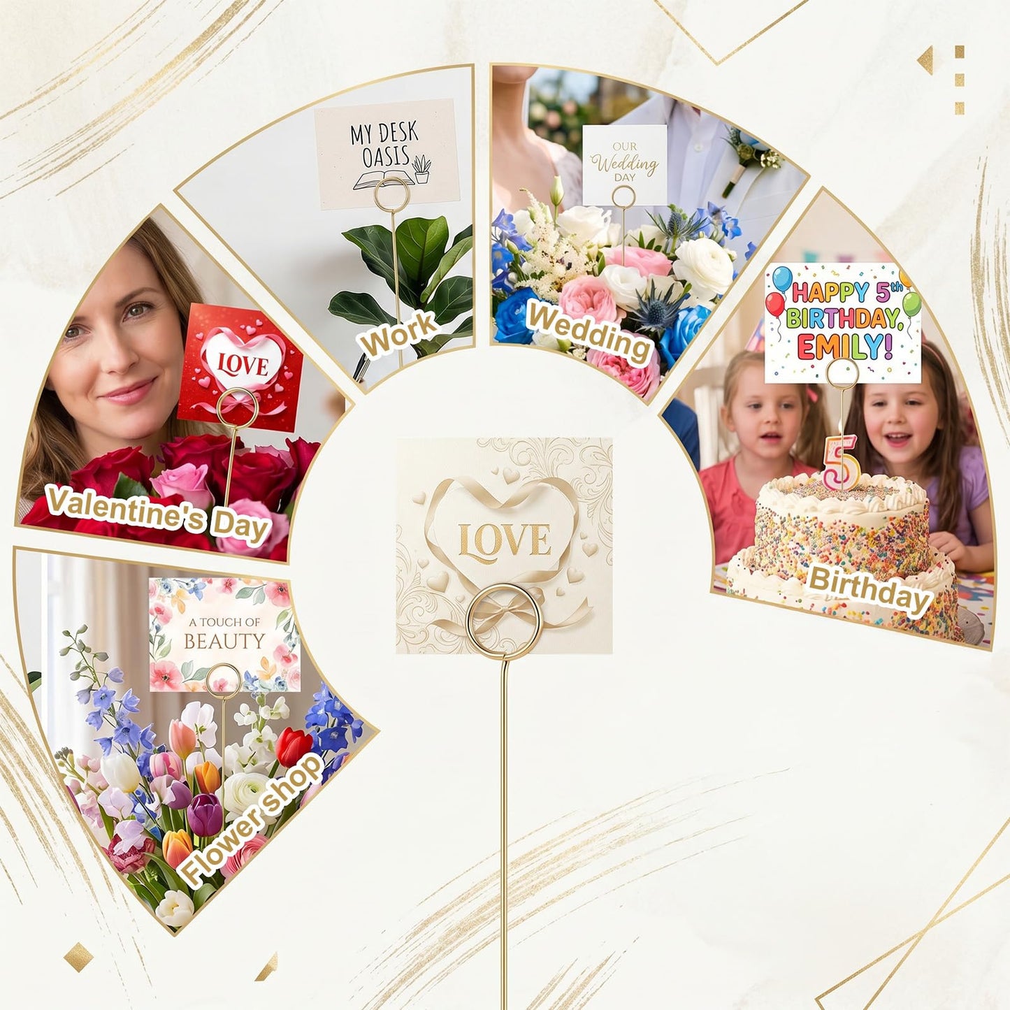 Oqqlin 100 Pcs Floral Card Holder Picks Bulk, 12 Inch Metal Wire Flower Place Card Sticks Round Picture Memo Clip Holder for Wedding, Party, Birthday, Baby Shower Supplies