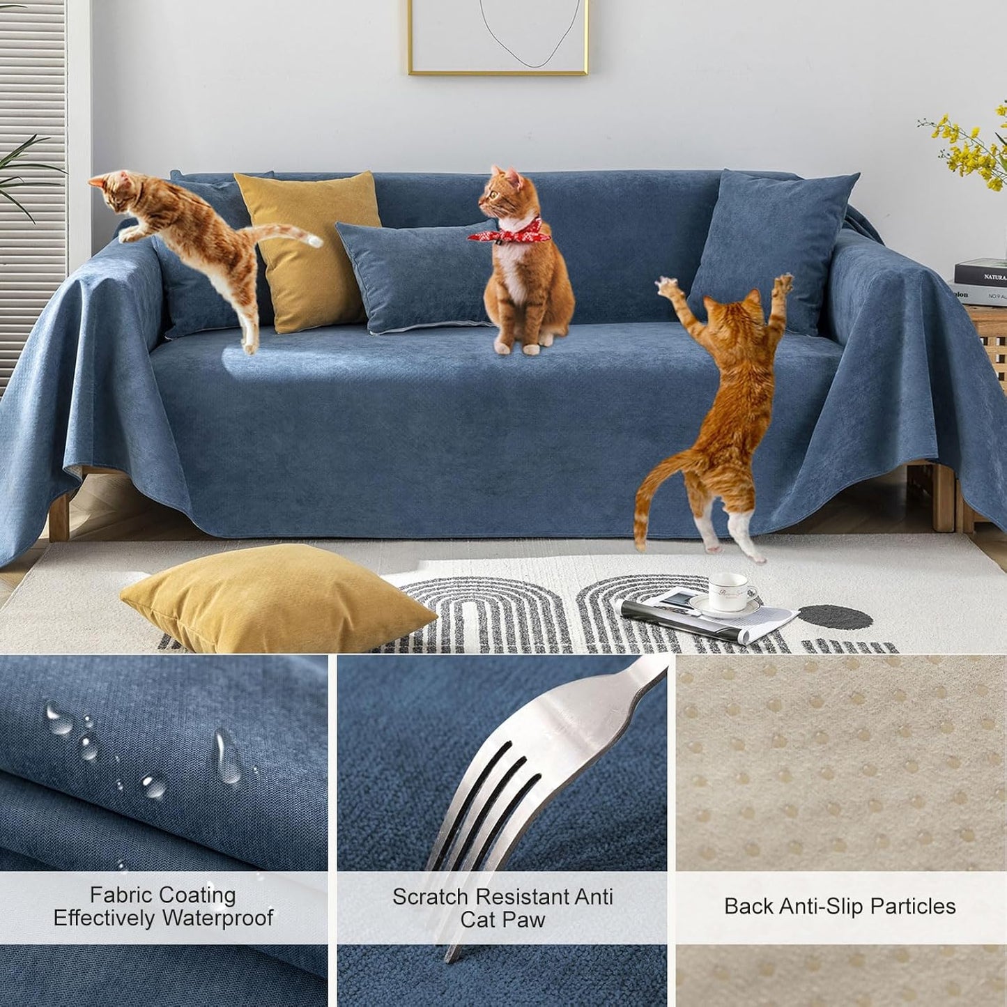 STACYPIK Waterproof Blue Couch Cover Non-Slip Sofa Cushion Cover for Pet Cat Dog Anti-Scratch Couch Cover Thick Washable Couch Protector for 3 Cushion Outdoor Leak Proof Couch Throw Slipcover-71X134IN