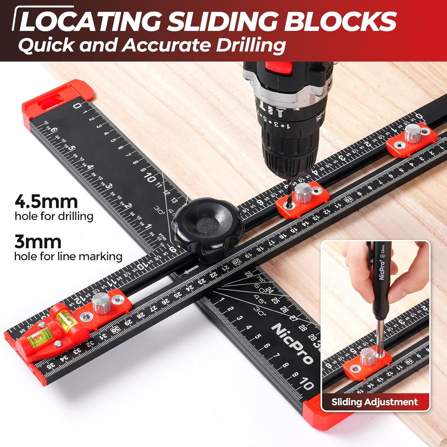 Nicpro 4-in-1 Drilling Positioning Scribing Ruler, Adjustable Multifunctional T Square Ruler with Carpenter Pencil, Carpenters Square Tools for Woodworking, Cabinet Drawer Door Hole Drilling Template