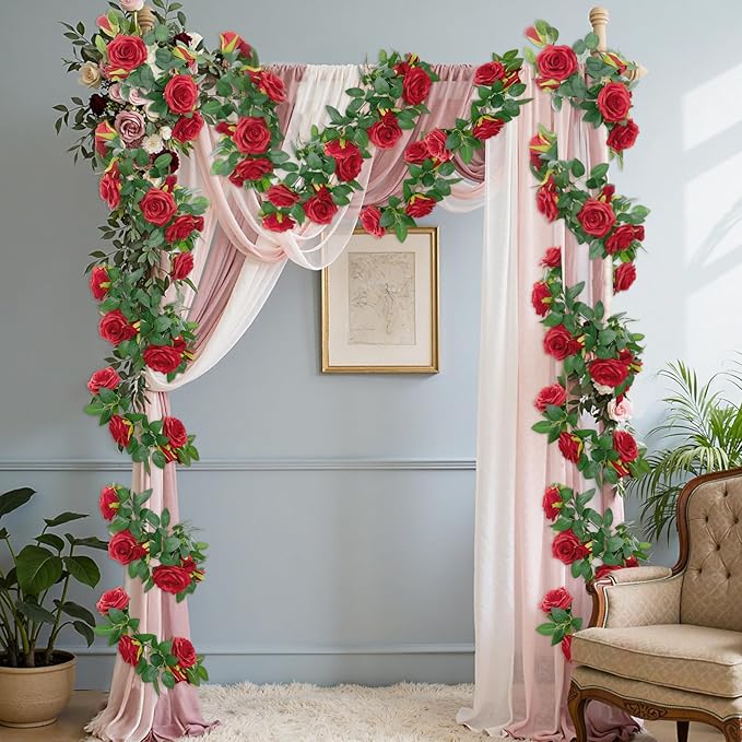 U'Artlines 3 Pack Artificial Red Rose Vines Floral Garlands Total 19.5 Ft Fake Vine Silk Flower Garland for Indoor Outdoor Home Wedding Arch Garden Wall Decoration