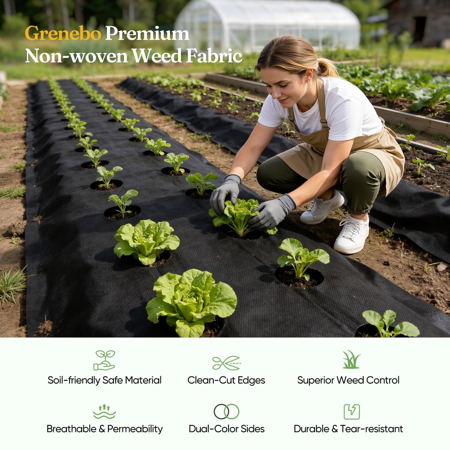 Grenebo Weed Barrier Fabric, 4FT x 100FT, Non-Woven Landscape Fabric, Easy to Cut & Fray-Resistant, Breathable & Permeable, Landscaping Fabric with 30 Stakes, for Gardens, Flower Beds, Vegetable Plots