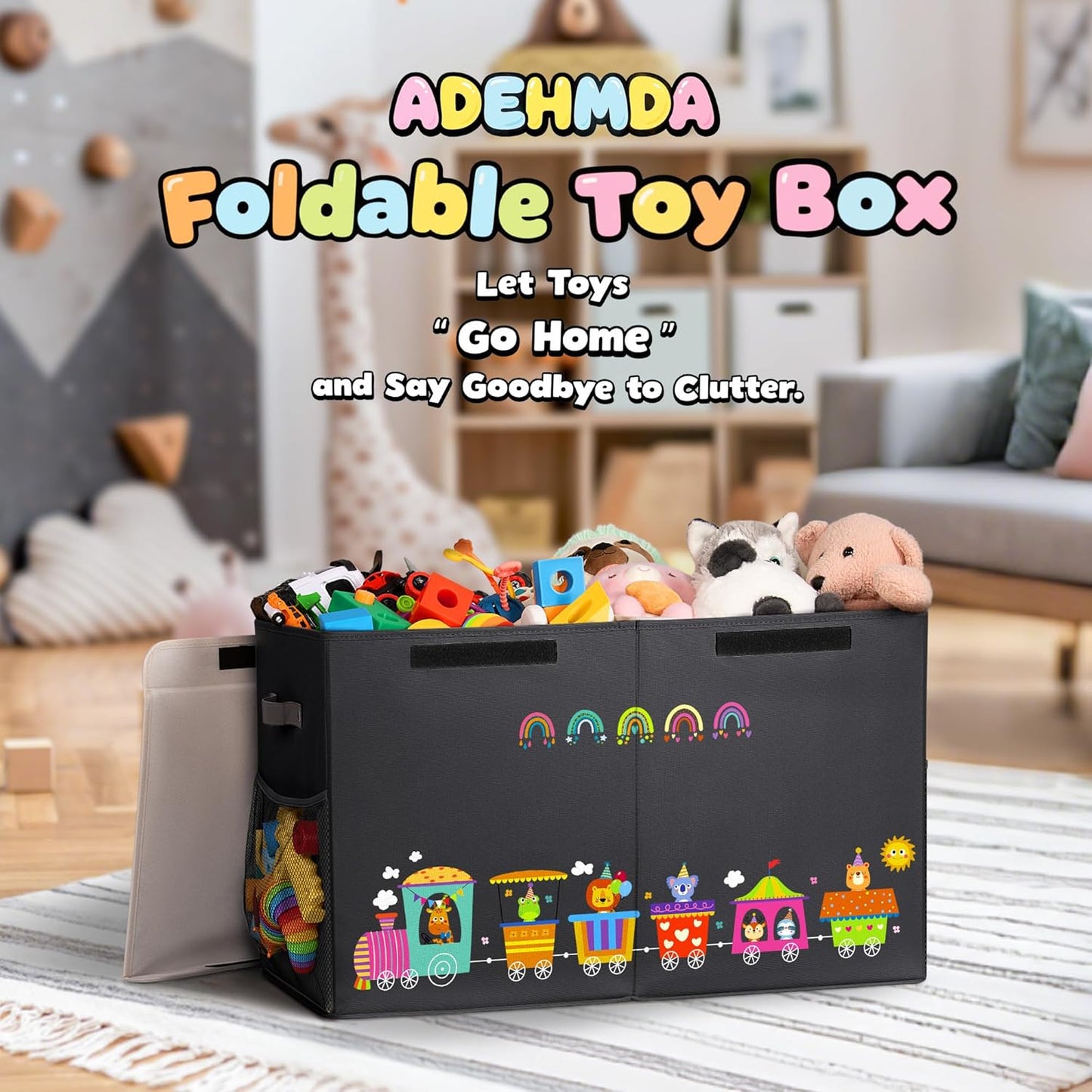 80L Large Toy Storage Box with Lid, Large Toy Box Chest Kids, Girls and Boys, Nursery Room and Living Room, 26"x13" x16" (black-train)
