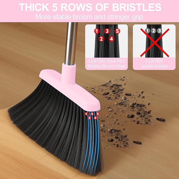 Broom and Dustpan Set, Broom with Dustpan Combo Set for Home 54-in Long Adjustable Handle Dustpan Teeth to Clean Hair for Home Office Kitchen Lobby