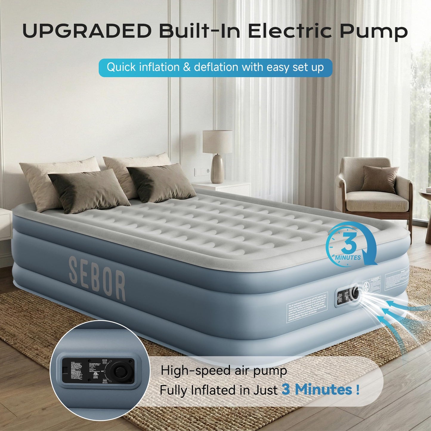 Sebor Air Mattress Twin with Built-in Pump 18", Comfortable Self-Inflating Blow up Mattress with High-Speed Pump, Durable Twin Size Air Mattress with Storage Bag for Guests, Moving, Camping, Travel