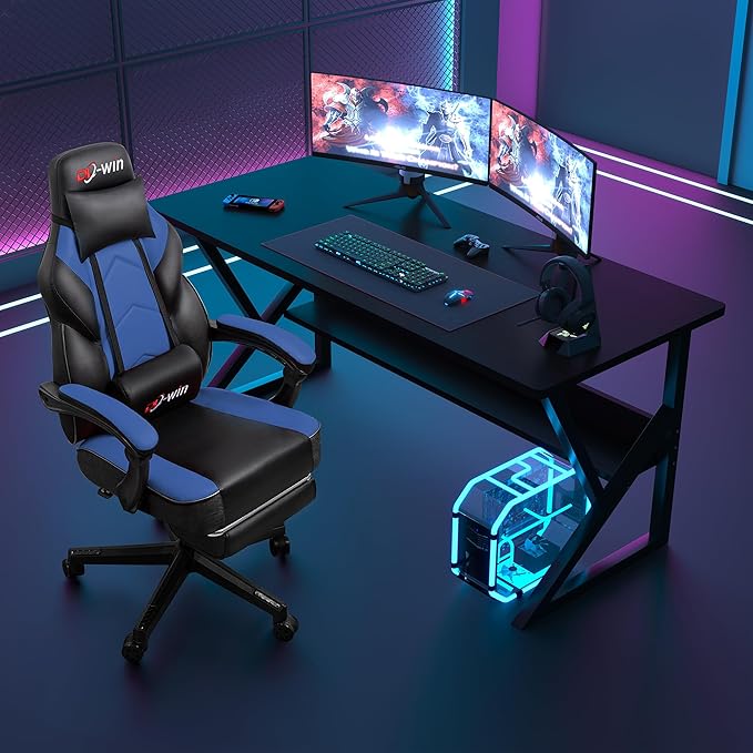 Gaming Chairs for Adults, Computer Chair with Footrest and Ergonomic High Back, Big and Tall Gamer Chairs with Massage Lumbar Support, 360° Swivel Height Adjustable Gaming Chair, Blue