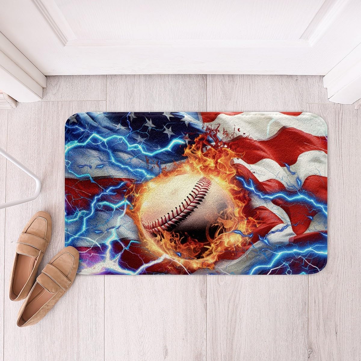 Feelyou 3D Baseball Soft Fleece Door Carpet American Flag Polyester Bath Rug for Kids Boys Girls Fire Ball Sports Non Slip Bath Mat Retro USA Flag Bathroom Floor Indoor Doormat,16x24 Inch
