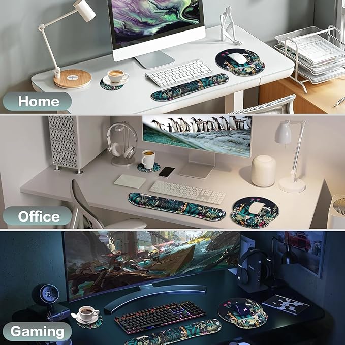 Mouse Pad with Wrist Rest Set, Qomolama 3-in-1 Wrist Support Mouse Pad Set, Floral Gaming Mousepad with Anti-Skid Base,Ergonomic Mouse Pad,Memory Foam Keyboard Gel Wrists Rest