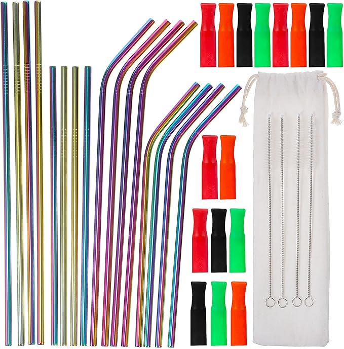 Garneck 16Pcs Stainless Steel Drinking Straws with Removable Silicone Tips Cover Soft Safe for Hot Cold Drinks Includes Cleaning Brushes and Portable Carry Bag Reusable Straws