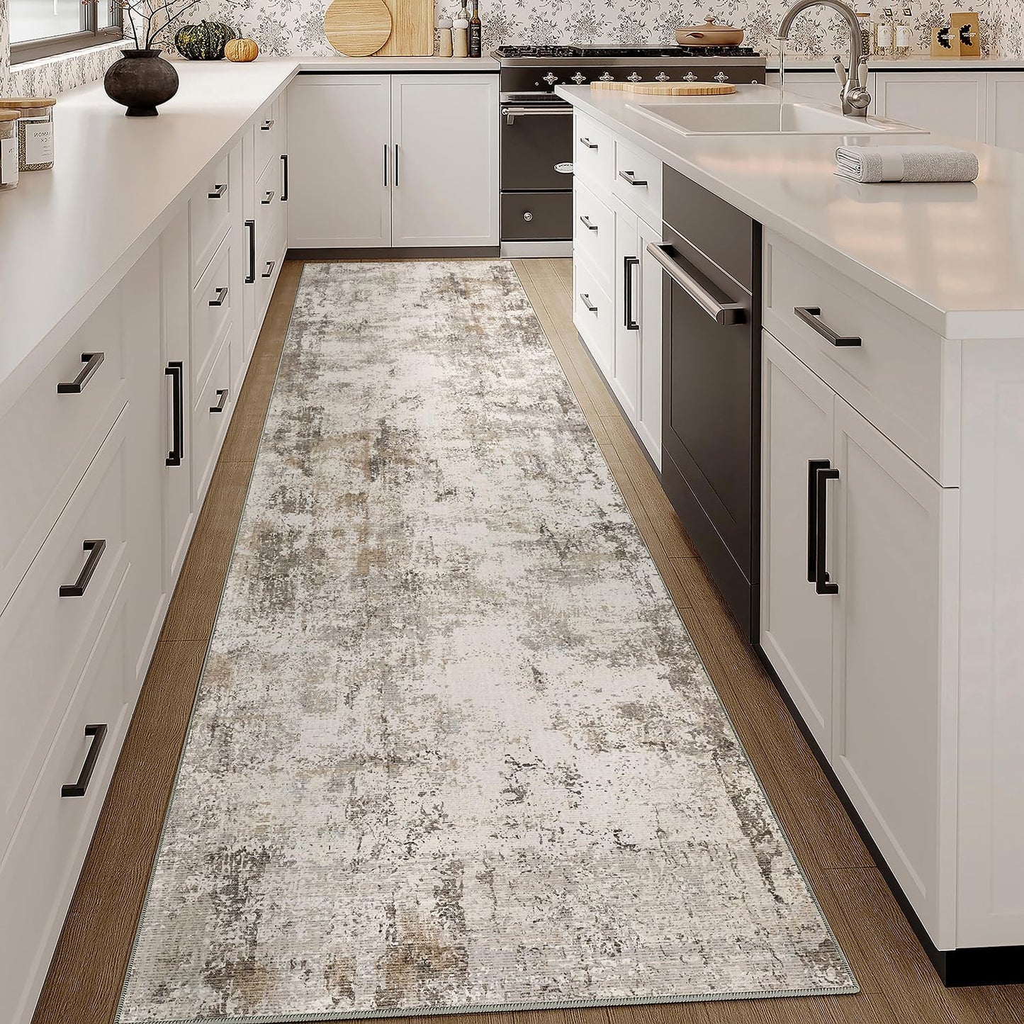 3x12 Washable Runner Rug Brown Grey Neutral Abstract Hallway Kitchen Living Room Bedroom Non Slip Throw Rug Soft Low Pile Indoor Carpet for Entrance Laundry Bathroom