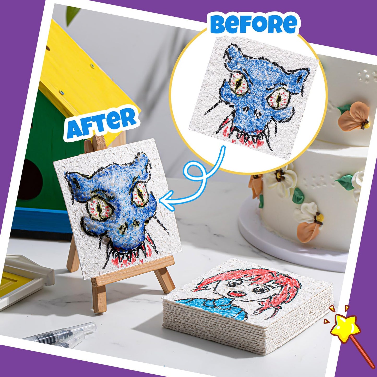 Wonderjune 20 Pcs Christmas Foam Texture Painting Paper for Craft, Magical Foam Texture Paper Sheet with Water Brush Pen, Handicraft Blank Painting Sheet for 3D Craft DIY Art Supplies (Square)