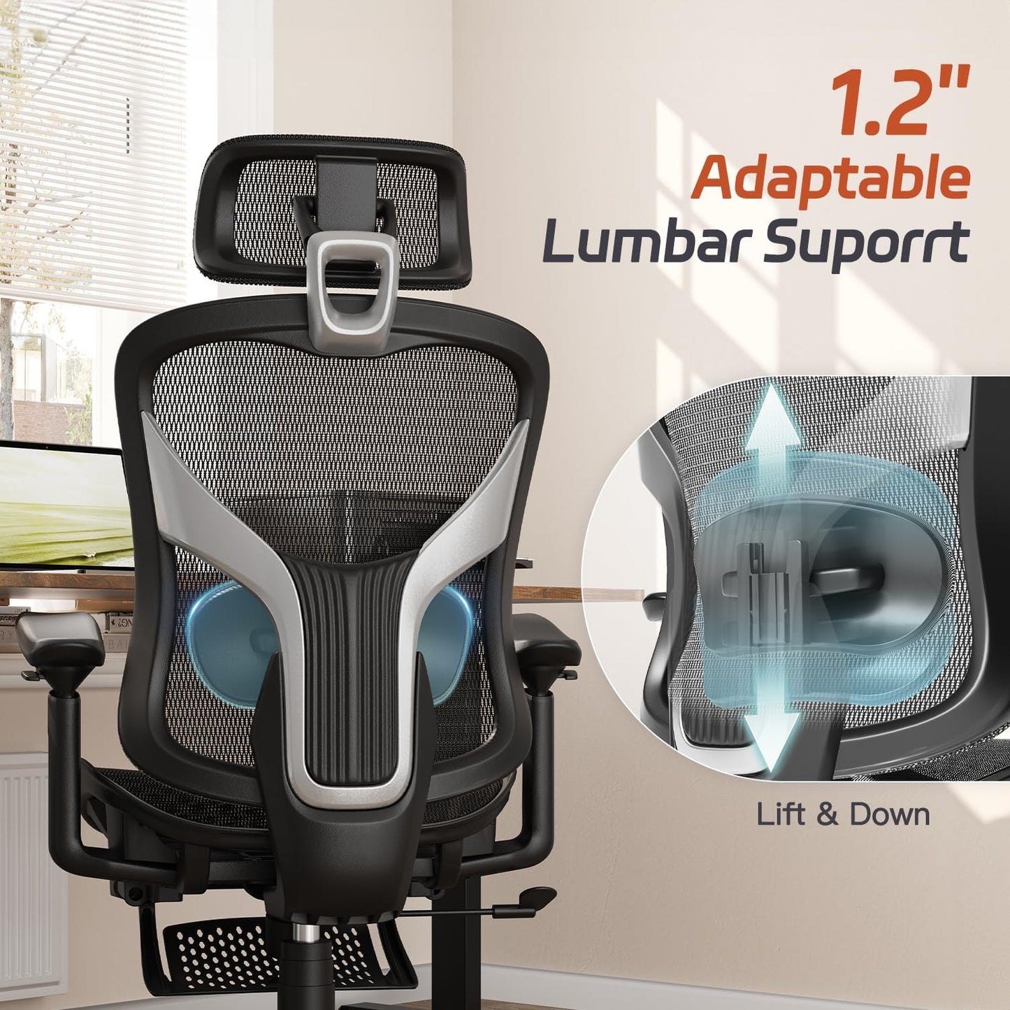 Ergonomic Office Chair, Mesh Desk Chair with Footrest, 3D Armrest - 215° Rotation, Adjustable Lumbar Support & Headrest, 90°-120° Tilt Lock, Big and Tall Computer Gaming Chairs, Black