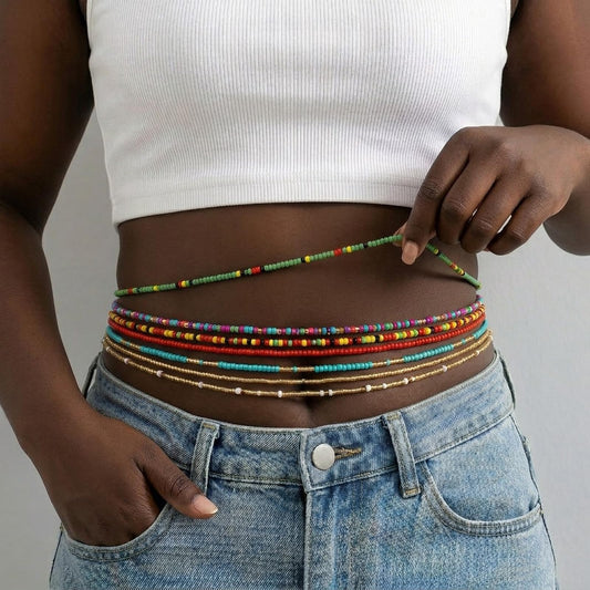 Waist Beads Body jewelry, Colorful Belly beads, Bohemian Bead jewelry, Layered Belly chains, 31.5Inch Stretches Waist chain (7 Piece) (WB001-2#)