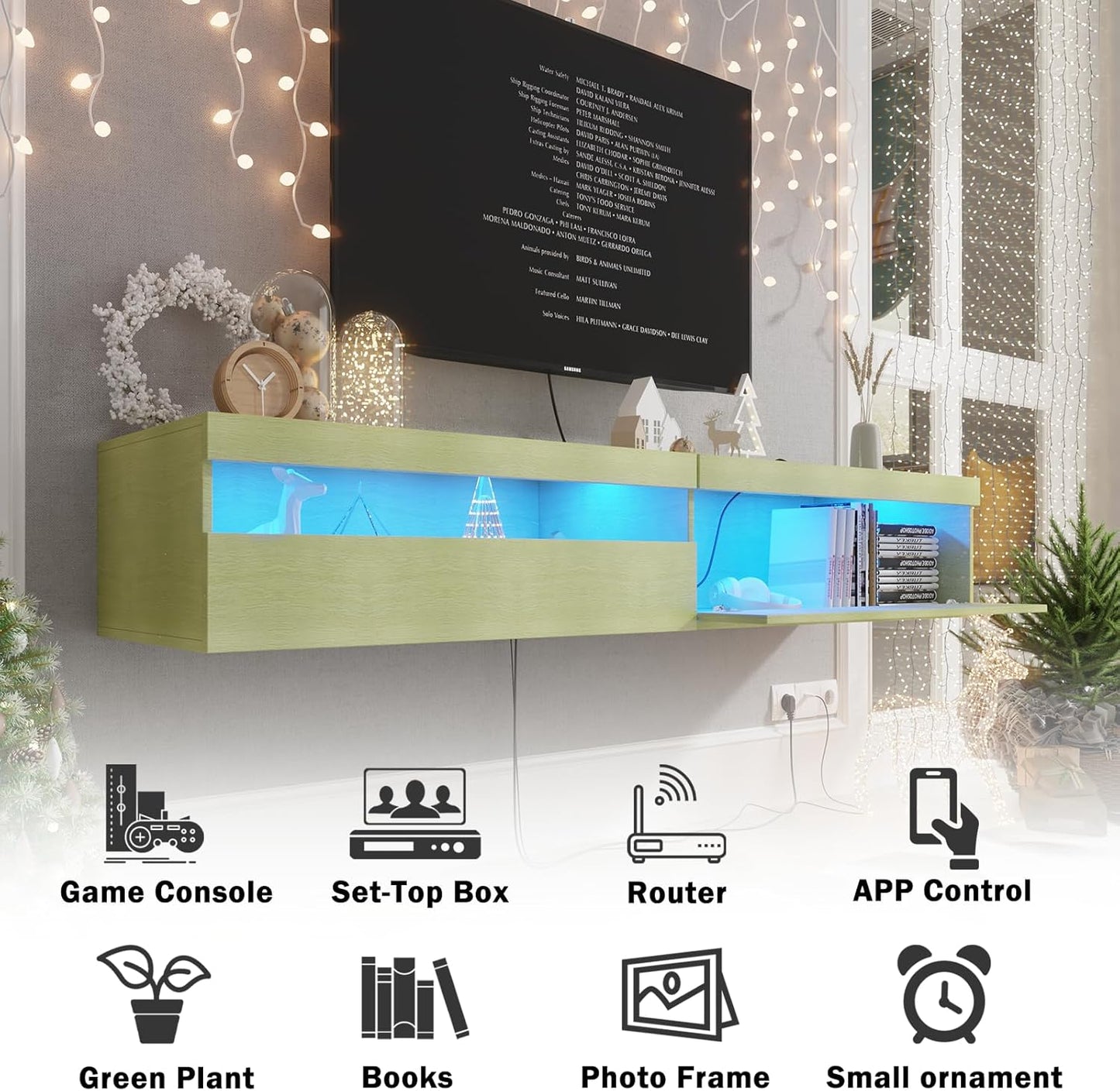 Floating TV Stand with Led Lights, 71 inch Wall Mounted TV Shelf with Power Outlet, Modern Entertainment Center Media Console with Storage Cabinet, Up to 80 Inch TVS, Green