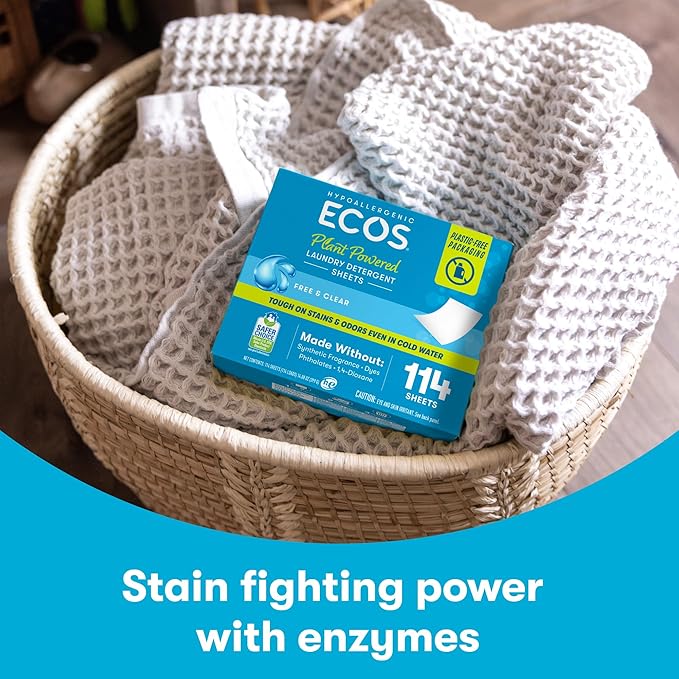 ECOS Laundry Detergent Sheets Vegan, No Plastic Jug, No Mess, Liquid Free - Hypoallergenic, Plant Powered Laundry Detergent Sheet - Lavender Vanilla - 114 Count (Pack of 1)