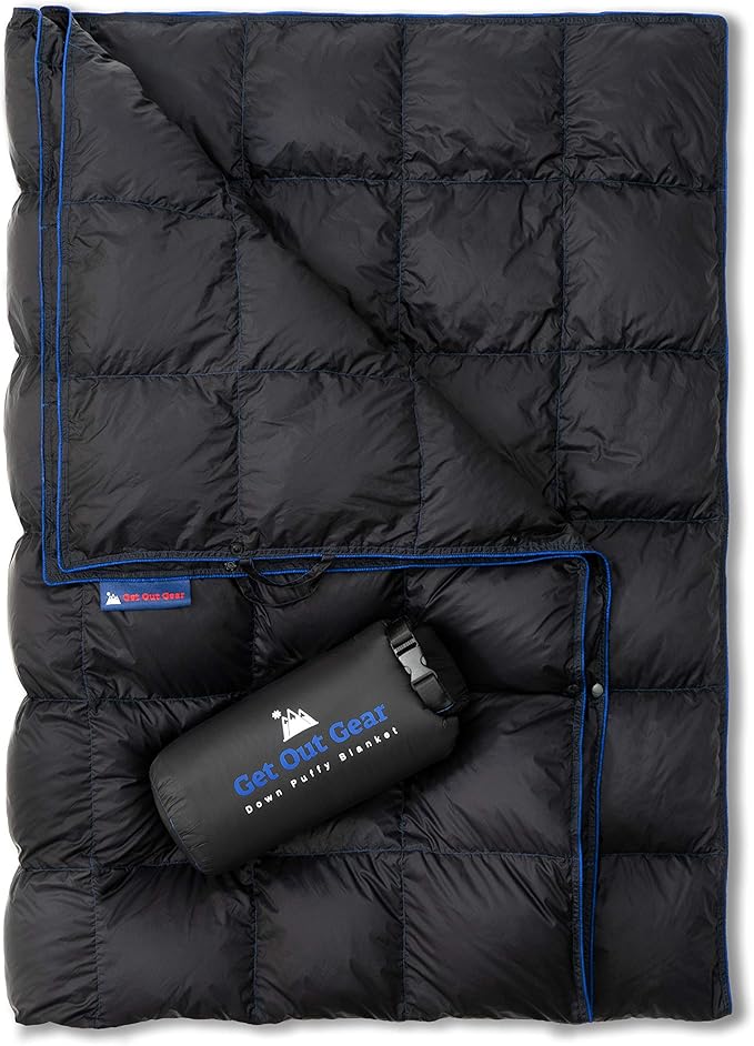 Get Out Gear Down Camping Blanket - Puffy, Packable, Lightweight and Warm | Ideal for Outdoors, Travel, Stadium, Festivals, Beach, Hammock | 650 Fill Power Water-Resistant Backpacking Quilt
