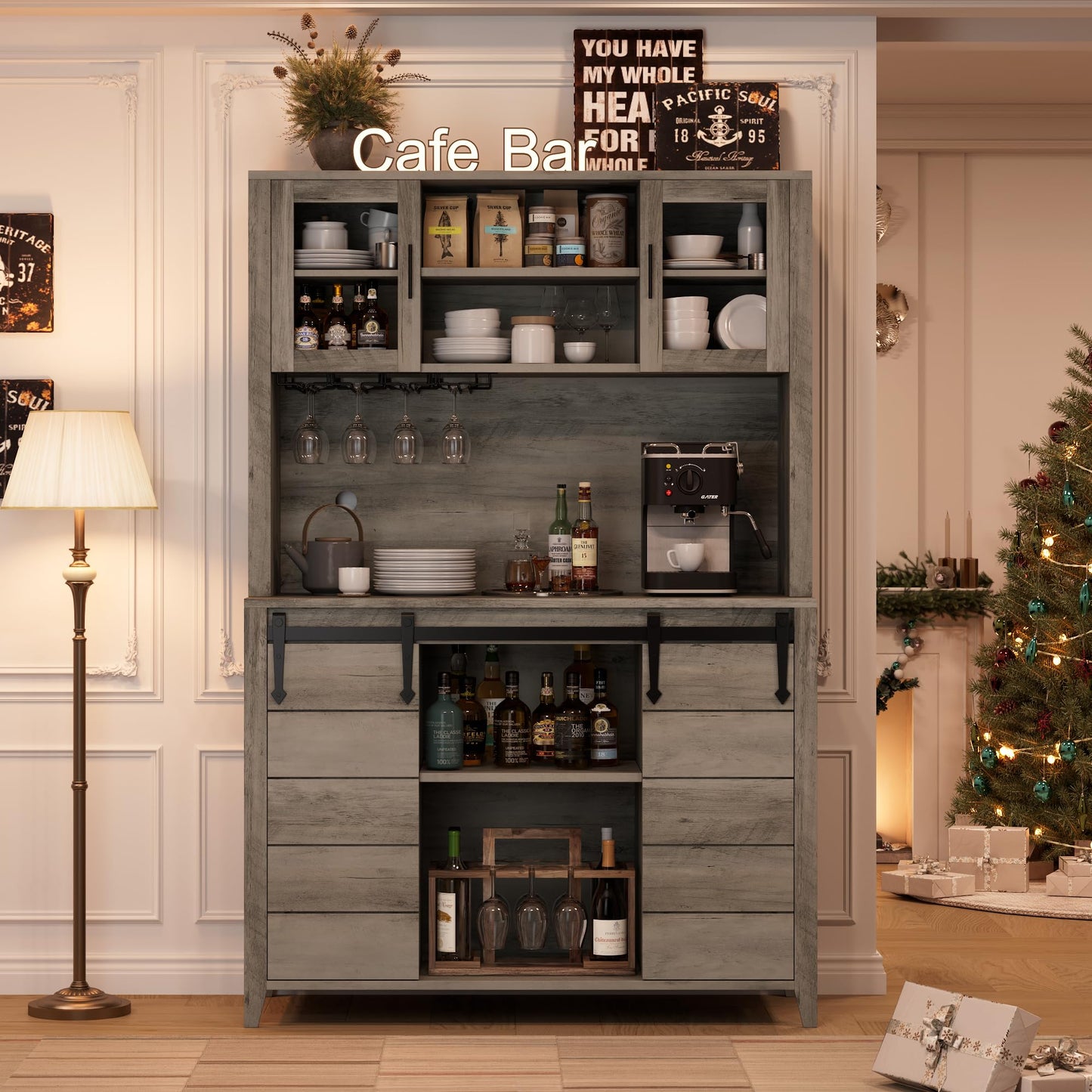 GarveeHome 70 in Tall Farmhouse Coffee Bar Cabinet, Kitchen Hutch Storage with Sliding Barn Door, Kitchen Buffet with Wine Rack, Glass Holder, Wine Bar Cabinet for Dining Room, Living Room, Gray