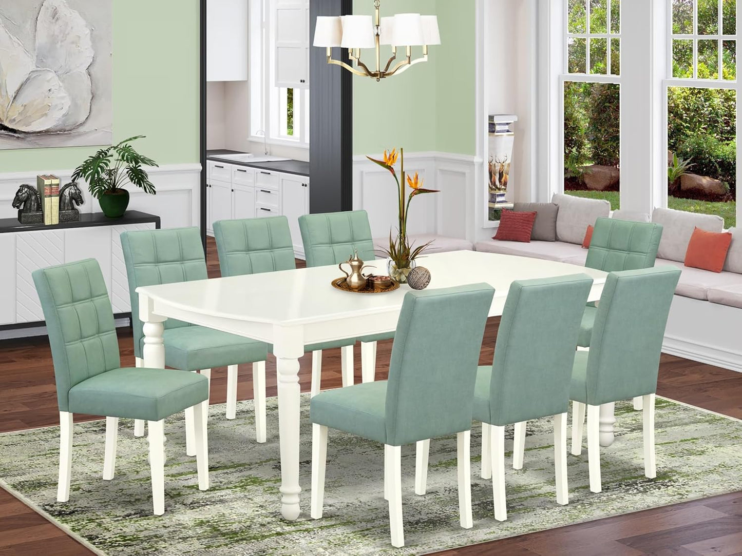 East West Furniture DOAS9-LWH-43 9 Piece Mid Century Modern Dining Table Set Consists A Wooden Dining Table and 8 Willow Green Polyester Fabric Upholstered Chairs, Linen White