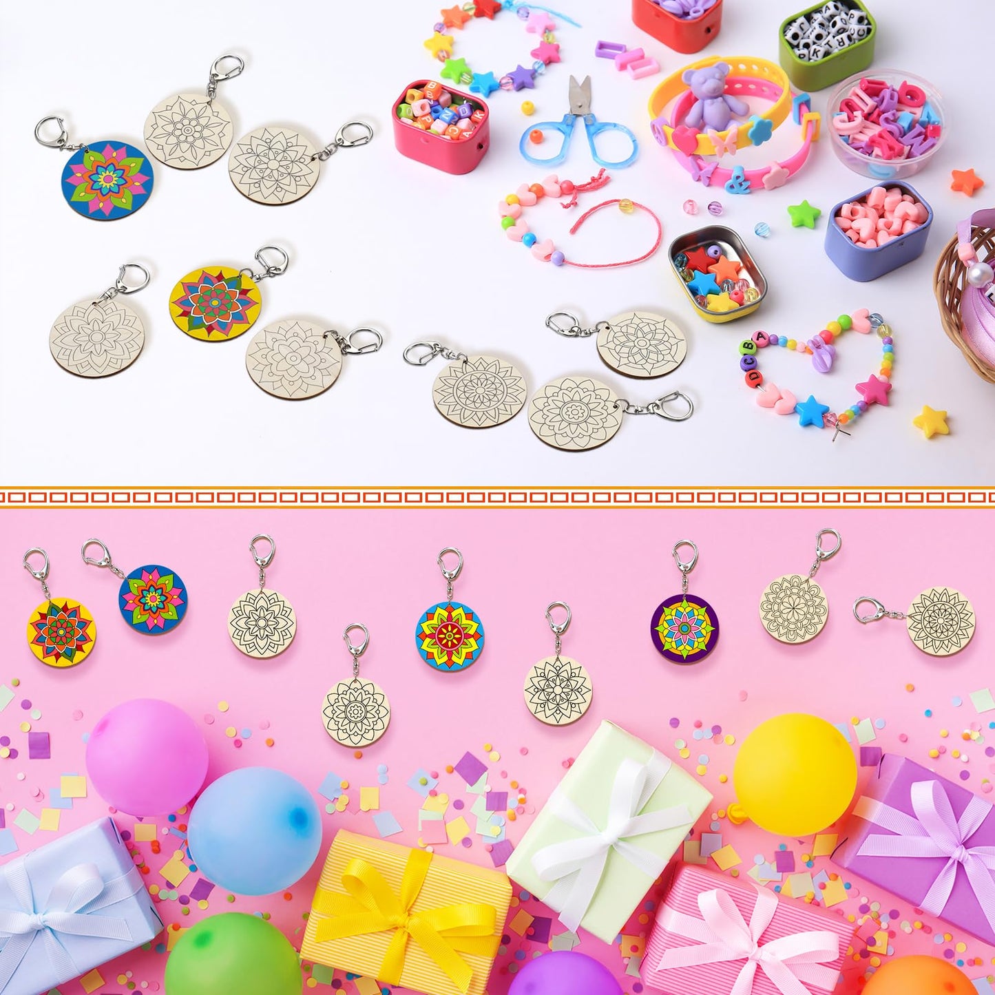 RattanView 24 Pcs Mandala Craft Color Your Own Keychains DIY Craft Wooden Blank Keychains for Sunday School Classroom Home Active Party Favors Gifts, 12 Styles