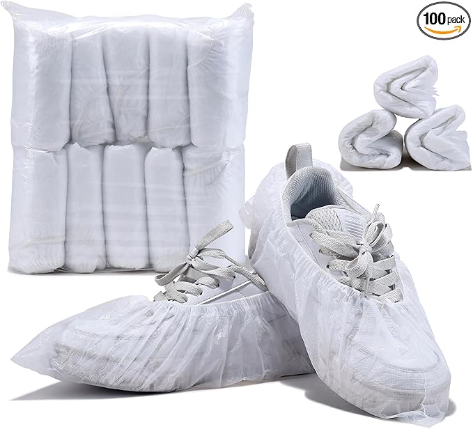 100Pcs50Pairs Disposable Shoe Covers,Boot Cover Waterproof,Dust proof,Non-slip,CPE Booties Shoes Protectors Coverings,White color,The Size Fit Most