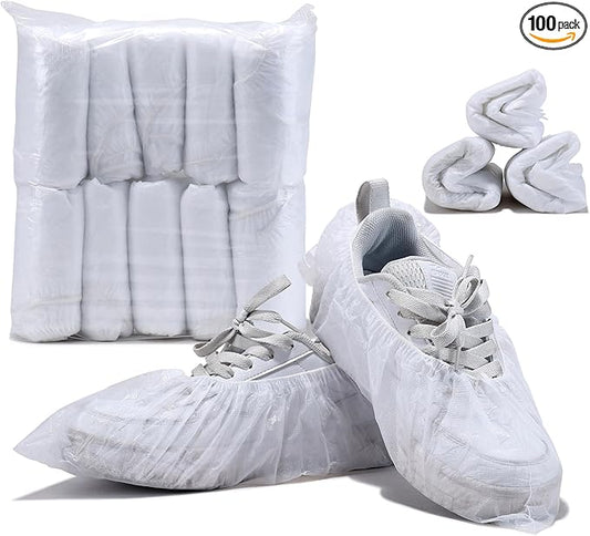 100Pcs50Pairs Disposable Shoe Covers,Boot Cover Waterproof,Dust proof,Non-slip,CPE Booties Shoes Protectors Coverings,White color,The Size Fit Most
