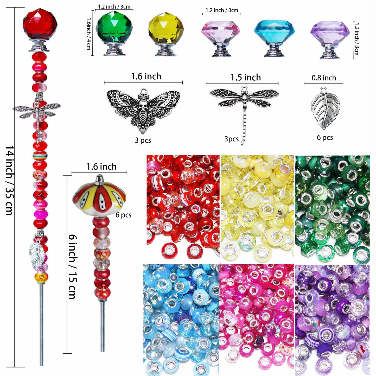 Fairy Wand Garden Stake Beads Kits,Beaded Decorative Garden Stakes Kit, 6 Large(14in) + 6 Mini (6in) Beaded Fairy Garden Stakes with Crysta l& Ceramic Toppers