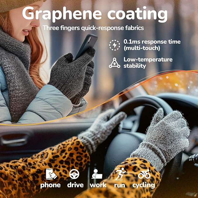 Merino Wool Gloves for Men Women, Touch Screen Warm Glove Liners Thermal Soft Knit Lining for Winter Running Hiking