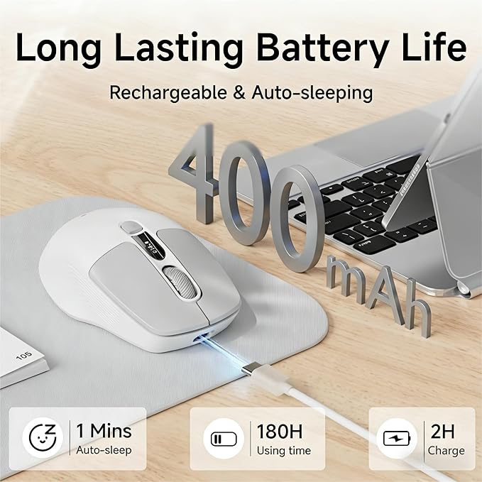 EWEADN Q1 Wireless Mouse, BT & 2.4G Silent Mouse Quiet Click with 1600 DPI Levels, Battery & DPI LED Screen Display, 6 Button Small Portable Bluetooth Mouse for Laptop/PC/Mac-Grey