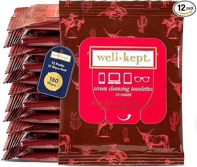 Well-Kept Tech & Lens Wipes - Eyeglass, Screen & Phone Cleaning, Multi-Surface, Lint-Free, Pre Moistened, Streak-Free & Non Scratching - Texas Hold Em, 12 Pack (180 Count)