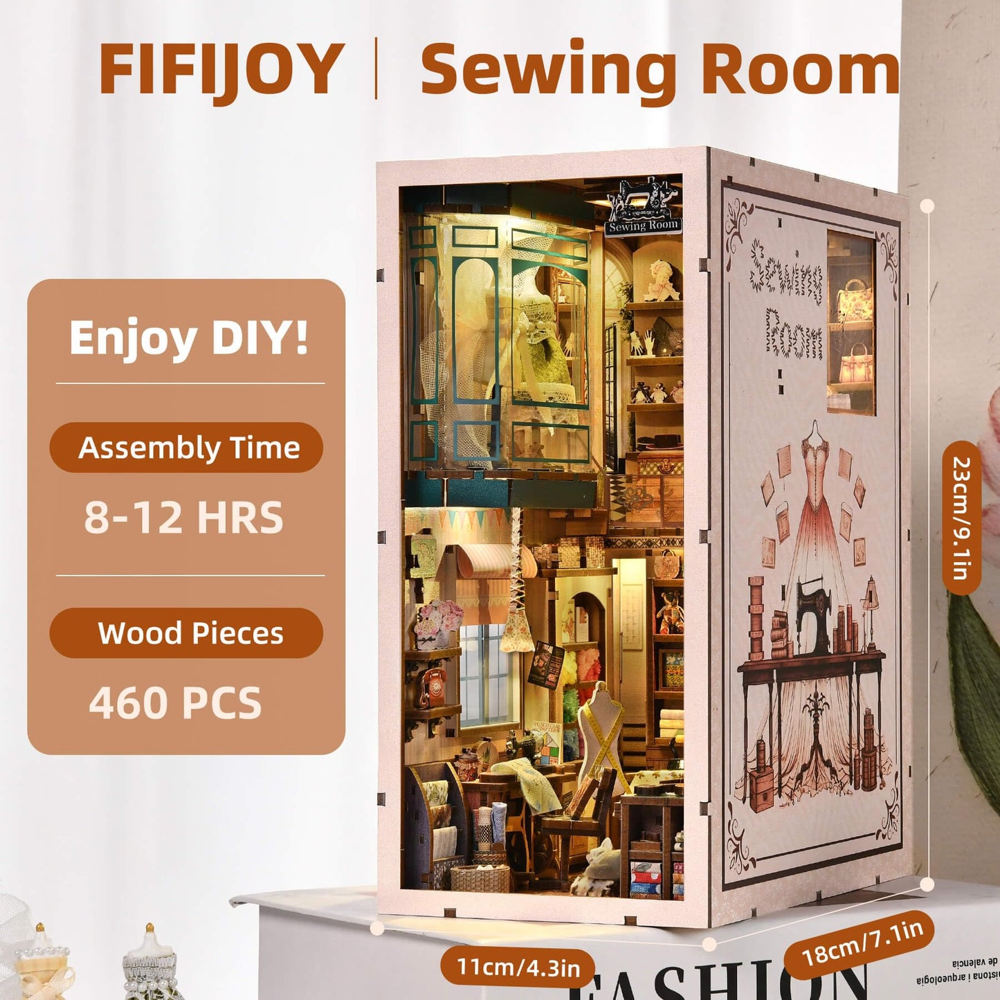 fifijoy Book Nook Kit - DIY Miniature House Dollhouse Kit for Adults and Teens, Booknook Tiny House Bookshelf Decor 3D Wooden Puzzle, Gifts for Family Friends (Sewing Room)