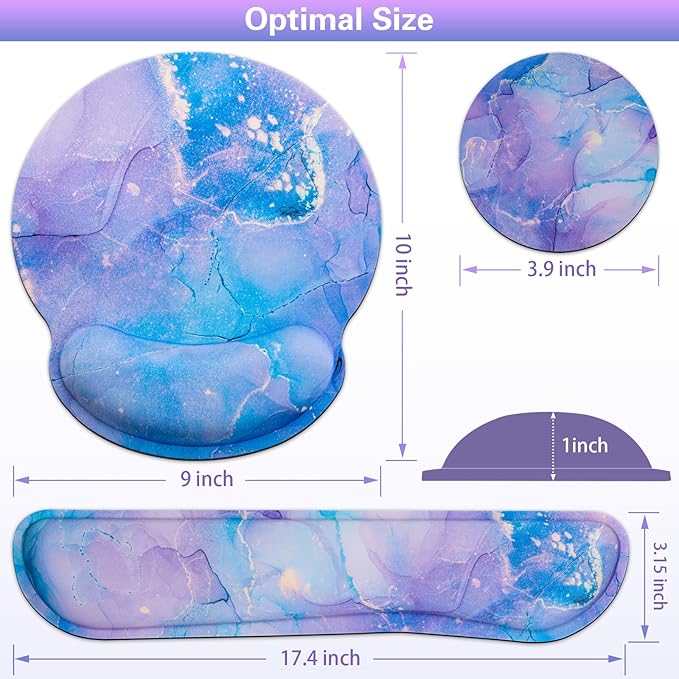 Mouse Pad Purple, Mouse Pad with Wrist Rest Set, 3-in-1 Wrist Support Mousepad Set,Gaming with Anti-Skid Base,Ergonomic Memory Foam Keyboard Gel Wrist Rest