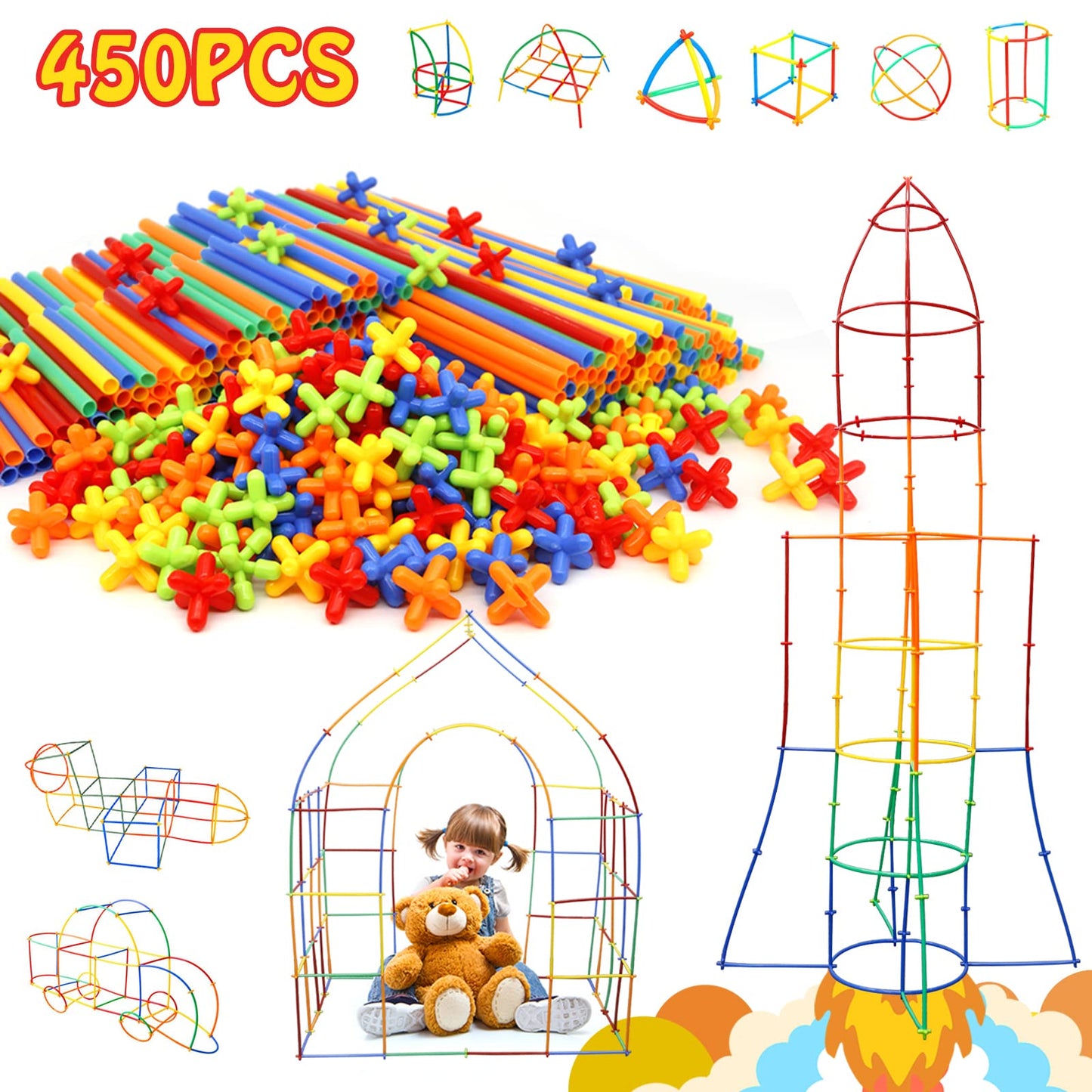 Ggiibro Creative Straw STEM Building Toys 450Pcs Aged for 3-5 5-7 Preschool Kids Constructor Toy Thin Tube Toy DIY Educational Interlocking Plastic Engineering Toys Kit for Boys and Girls