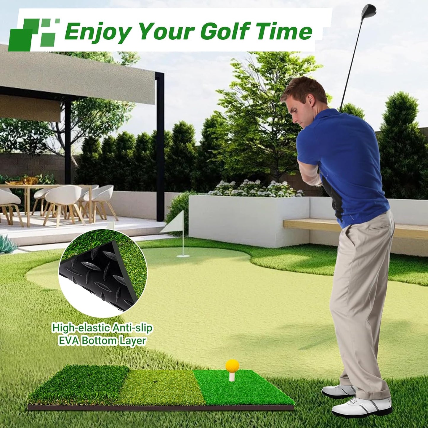 3-in-1 Golf Chipping Mat – Tri-Turf Golf Practice Mat for Indoor & Outdoor Use, Durable Grass Hitting Pad for Driving, Chipping & Putting Training, Portable Backyard Golf Trainer