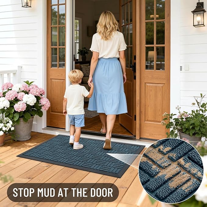 OLANLY Front Door Mat Outside Entrance 71x23, Absorbent, Heavy Duty Sturdy Natural Rubber Doormat Indoor Outdoor, Non-Slip, Stain and Fade Resistant, Low Profile Floor Mat for Entryway, Lake Blue