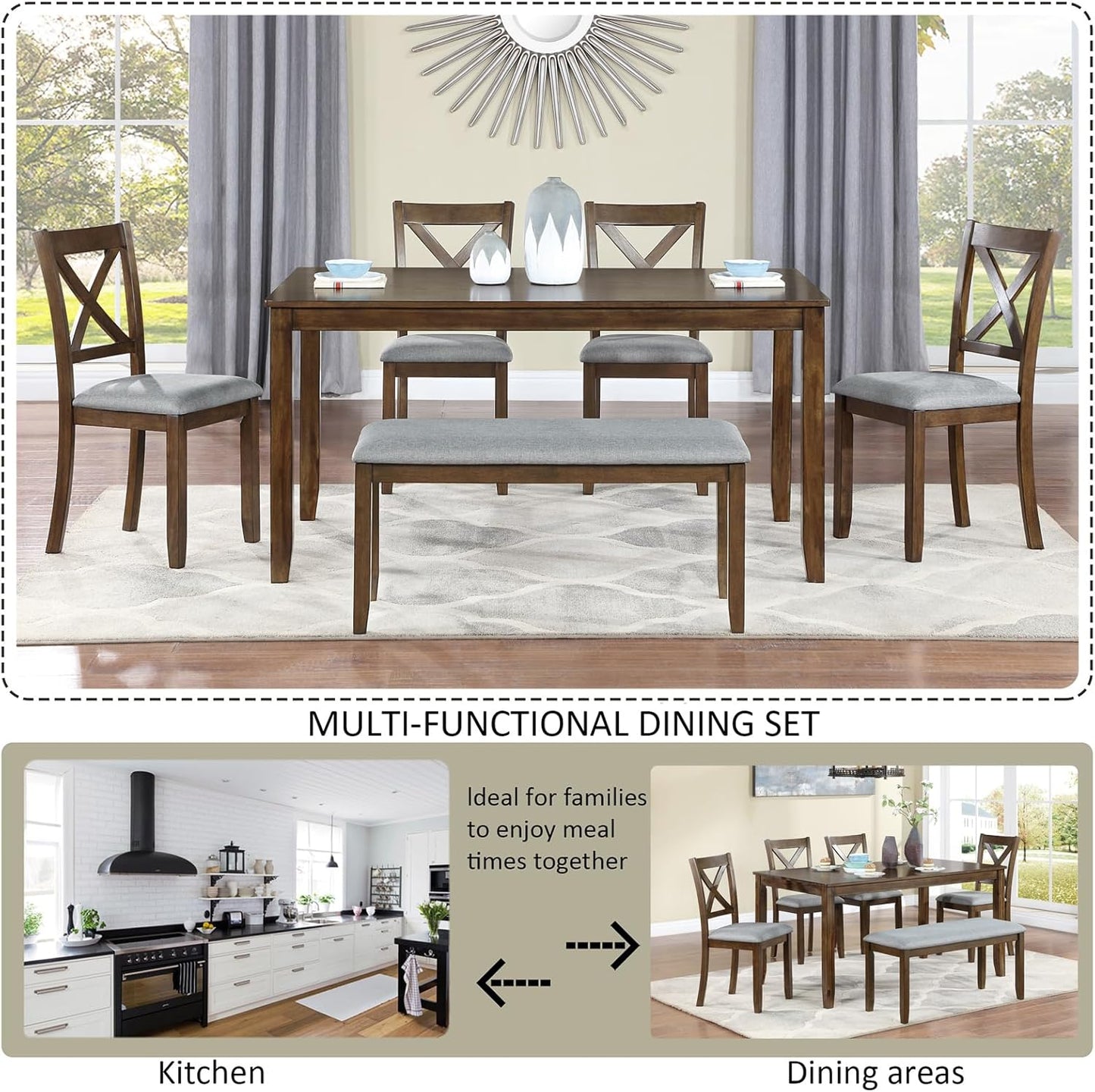 KEIKI 6-Piece Standard Height Dining Table Set with Rectangular Table, 4 Upholstered X-Shaped Backrset Chair, Bench, for 6 Person, Modern Table Set, Easy Assembly, for Kitchen, Dining Room, Walnut