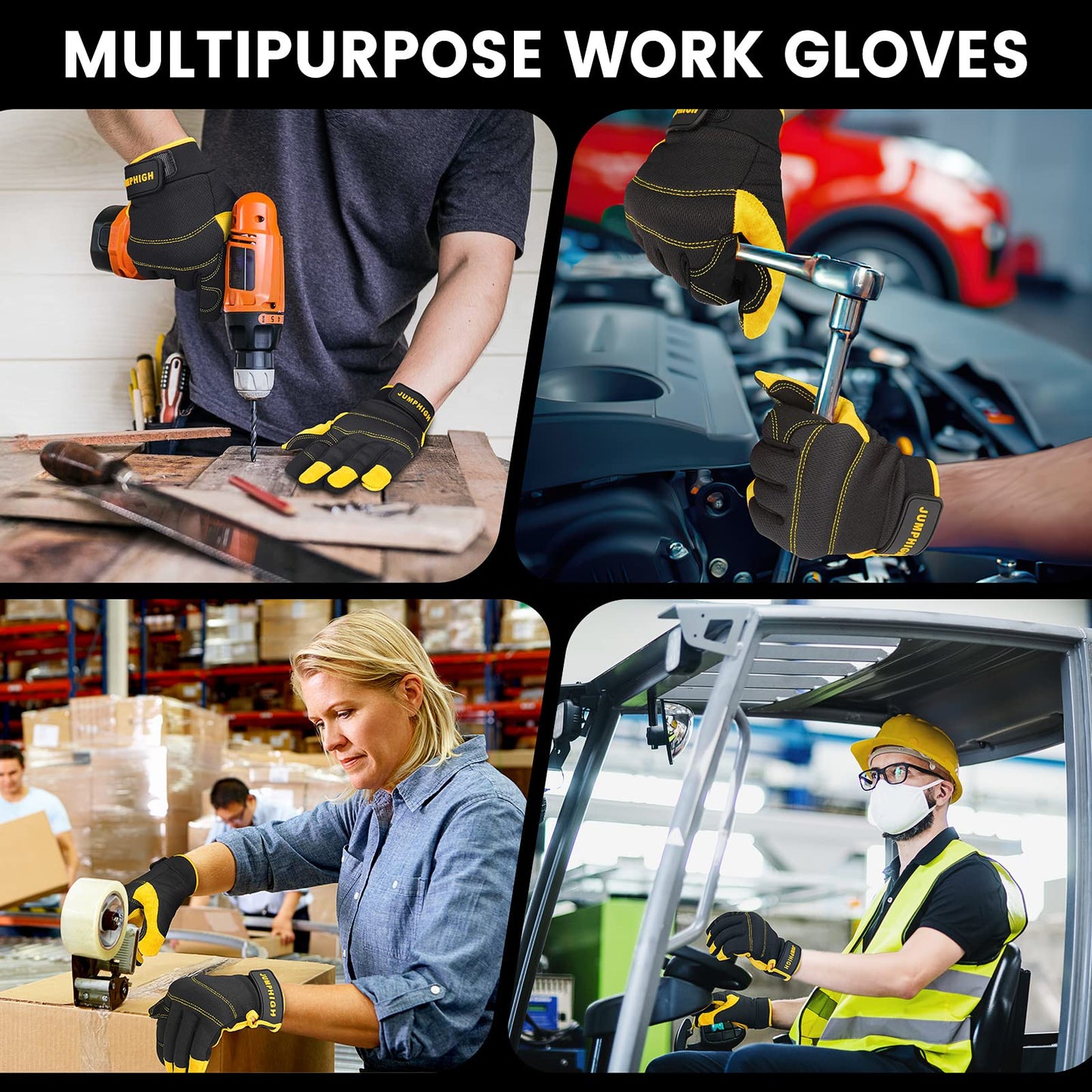 JUMPHIGH Mens Work Gloves, Synthetic Leather Mechanic Gloves, Utility, Touchscreen, Multipurpose, Construction, Warehouse, Truck Driving (L)