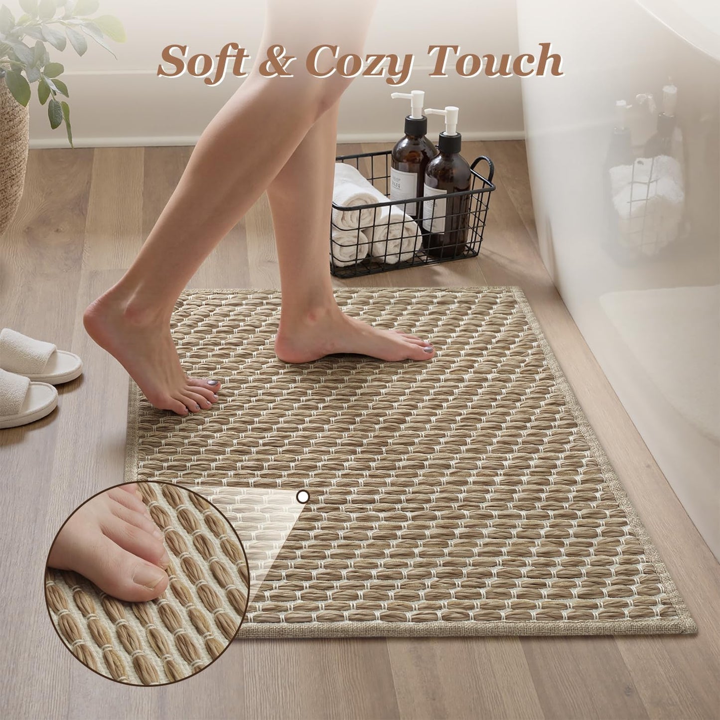 AMOAMI Unique Woven Bathroom Runner Rug, Super Absorbent Non Slip Bath Mats for Bathroom Textured Bathroom Mat Quick Dry Boho Rugs Runners for Hallyways Kitchen Bedroom Beside Tub, 2' x 6', Brown