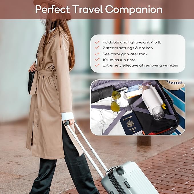Newbealer Steamer for Clothes, 1200W Travel Steamer with Horizontal & Vertical Steaming, 2 Steam Levels, Dry Ironing, Foldable, 1.5lbs Lightly, 180ml Handheld Fabric Wrinkle Remover (120V Only)