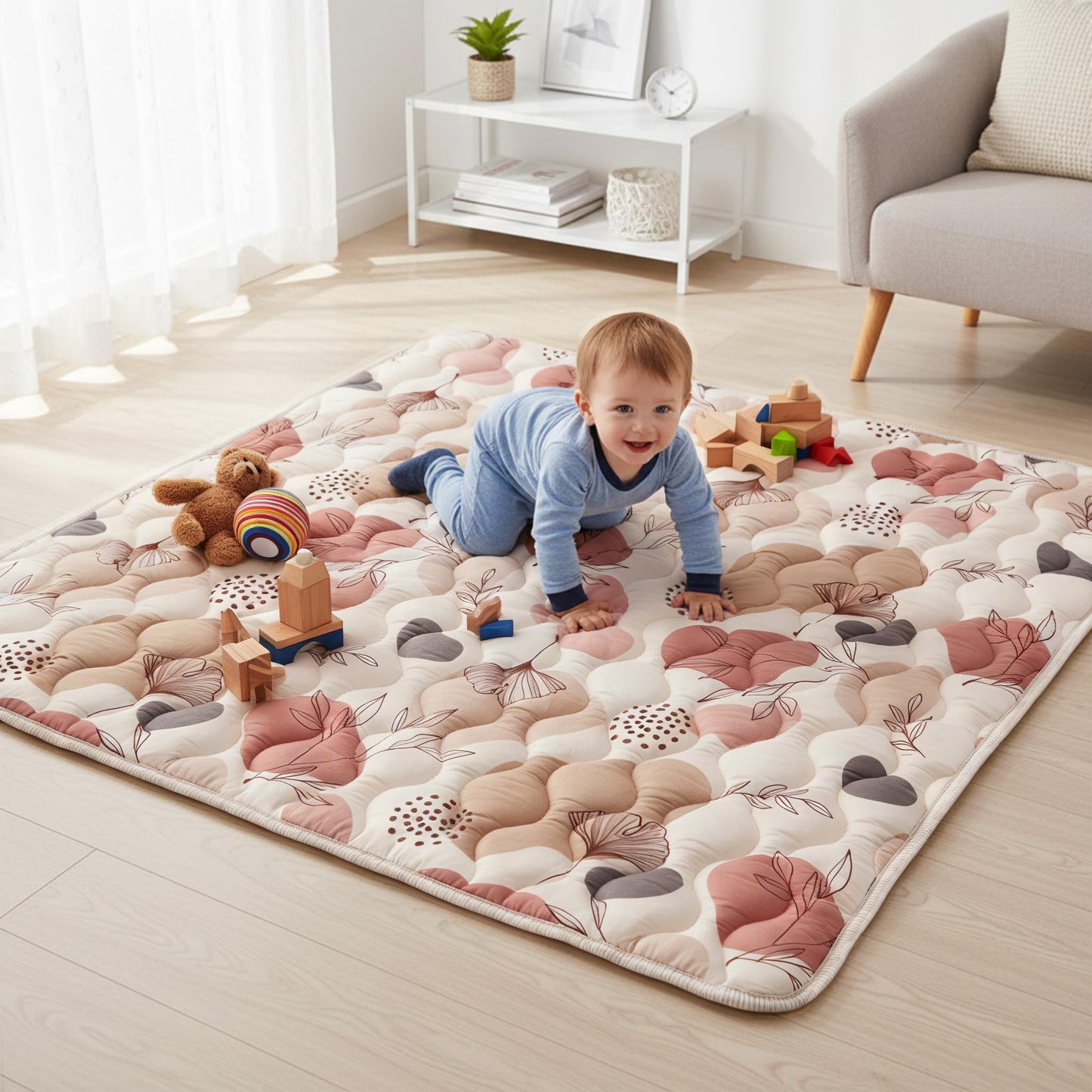 Bunnikins & Clover 50"x50" Thicken Soft Play Mat for Babies 0-6 Months, Foldable and Non Slip One-Piece Baby Crawling Mat, Washable Padded Foam Play Mat for Baby, Toddlers Infants, Tummy Time